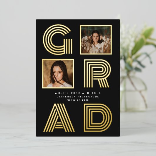 Black Retro Folie Afstuderen Fotoaankondiging Folie Uitnodiging (Staand Voorkant)