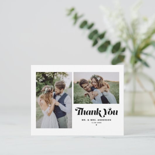 Black Retro Twee foto bruiloft Dank u Briefkaart (Staand voorkant)