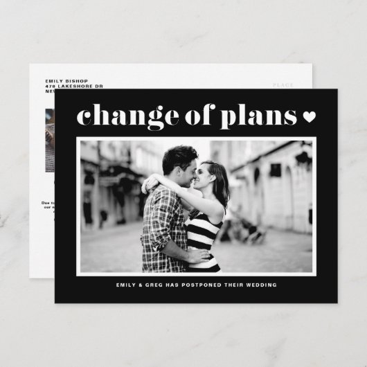 Black Retro Typography Change of Plans Photo Aankondigingskaart (Voorkant / Achterkant)
