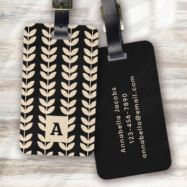 Black Retro Vibe Leaf Pattern Monogram Bagagelabel