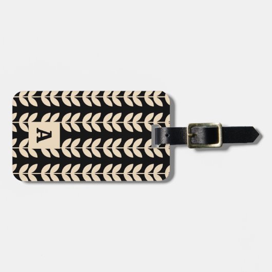 Black Retro Vibe Leaf Pattern Monogram Bagagelabel (Voorkant horizontaal)