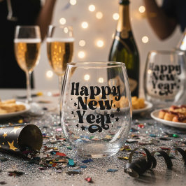 Black Retro Vintage Happy New Year Wijnglas Zonder Voet