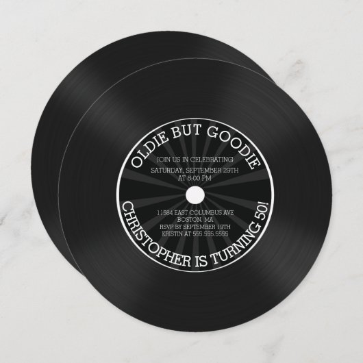 Black Retro Vinyl Record Birthday Party Invitation Kaart (Voorkant / Achterkant)