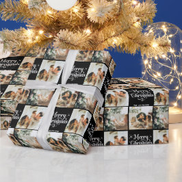 Black Retro Vrolijk Kerstfeest Familie 3 Fotocolla Cadeaupapier