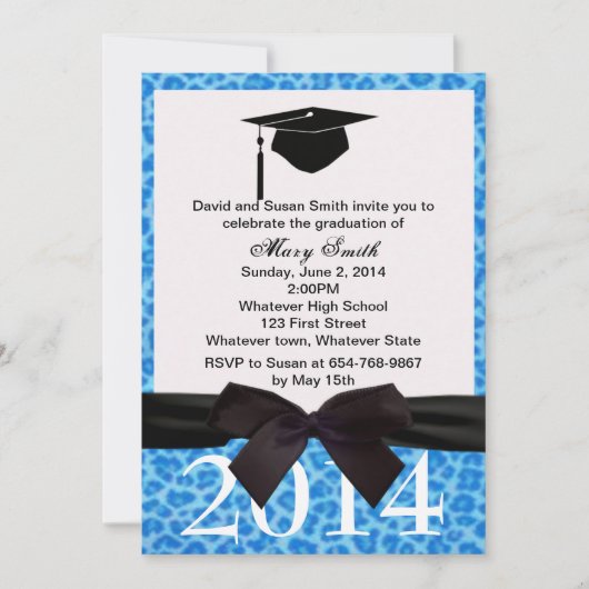 Black Ribbon Blue Leopard Afstuderen Invitation Kaart (Voorkant)