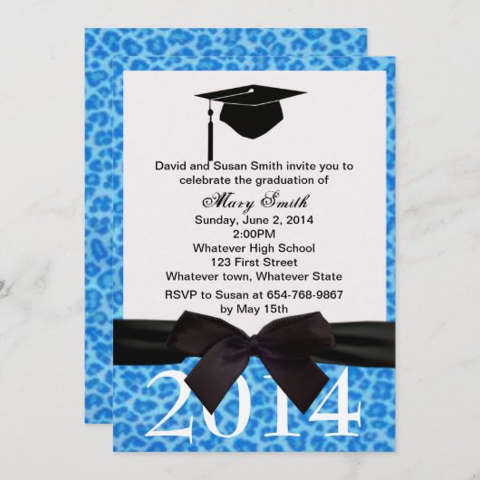 Black Ribbon Blue Leopard Afstuderen Invitation Kaart (Voorkant / Achterkant)