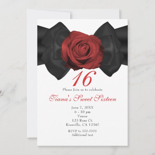 Black Ribbon Bow & Red Rose Elegante Uitnodigingen (Voorkant)