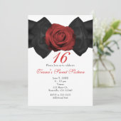 Black Ribbon Bow & Red Rose Elegante Uitnodigingen (Staand voorkant)