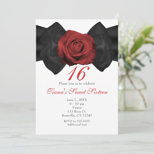 Black Ribbon Bow & Red Rose Elegante Uitnodigingen (Staand voorkant)