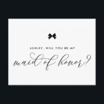 Black Ribbon Bow zal je mijn dienstmeisje zijn van Briefkaart<br><div class="desc">-Parisiaans thema-kaartje met een eervoorstel. Vraag familie en vrienden om deel uit te maken van je bruiloft met deze gepersonaliseerde kaart "Zal je mijn eerbewijs zijn". Het kenmerkt een zwarte boog en elegant manuscript. Personaliseer door een naam en een bericht toe te voegen.</div>