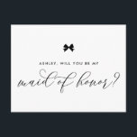 Black Ribbon Bow zal je mijn dienstmeisje zijn van Briefkaart<br><div class="desc">-Parisiaans thema-kaartje met een eervoorstel. Vraag familie en vrienden om deel uit te maken van je bruiloft met deze gepersonaliseerde kaart "Zal je mijn eerbewijs zijn". Het kenmerkt een zwarte boog en elegant manuscript. Personaliseer door een naam en een bericht toe te voegen.</div>