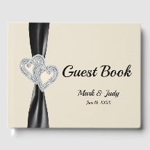 Black Ribbon Diamond Hearts Wedding Guestbook
