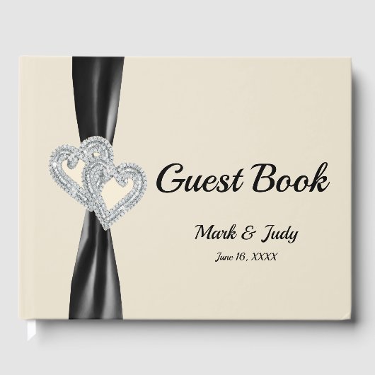 Black Ribbon Diamond Hearts Wedding Guestbook Gastenboek (Voorkant)