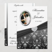 Black Ribbon Heart Damask Weduwfotouitnodiging Kaart (Voorkant / Achterkant)