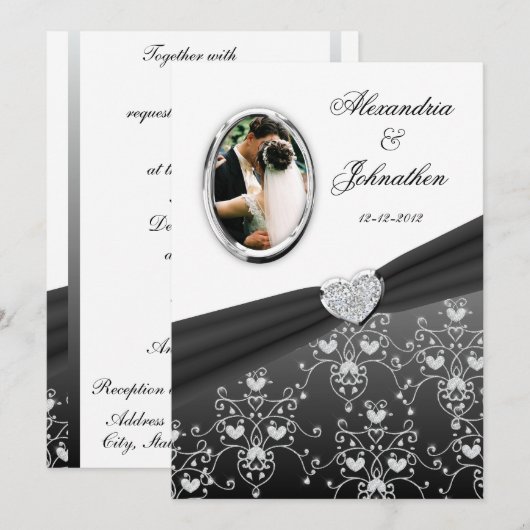 Black Ribbon Heart Damask Weduwfotouitnodiging Kaart (Voorkant / Achterkant)