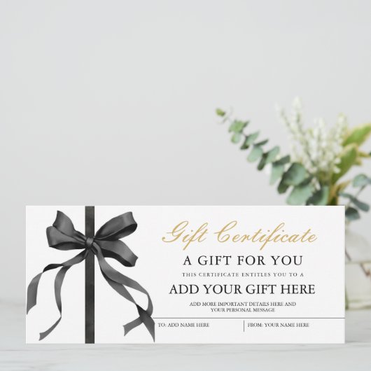 Black Ribbon Minimalist Gift Voucher Certificaat Kaart (Staand voorkant)
