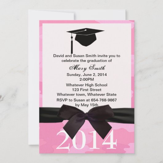 Black Ribbon Pink Camouflage Afstuderen Invite Kaart (Voorkant)
