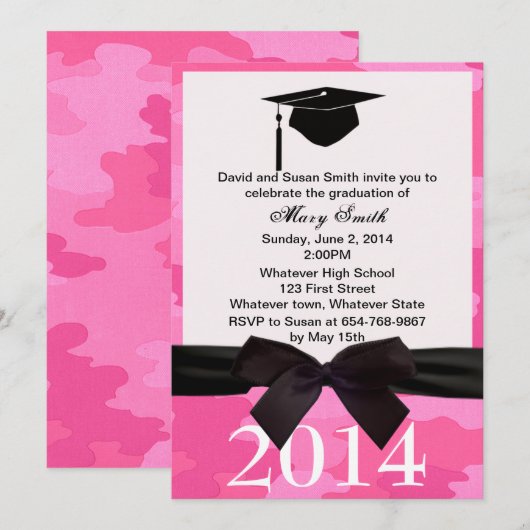 Black Ribbon Pink Camouflage Afstuderen Invite Kaart (Voorkant / Achterkant)