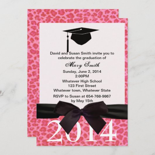Black Ribbon Pink Leopard Afstuderen Uitnodiging (Voorkant / Achterkant)