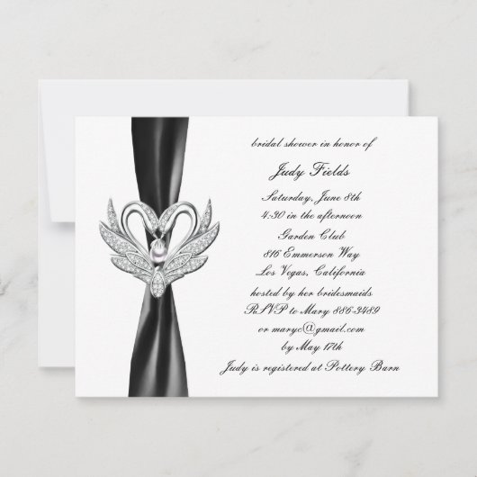 Black Ribbon Silver Swans Bridal Shower Invitation Kaart (Voorkant)