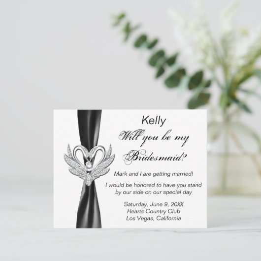Black Ribbon Silver Swans Bridesmaid Kaart (Staand voorkant)