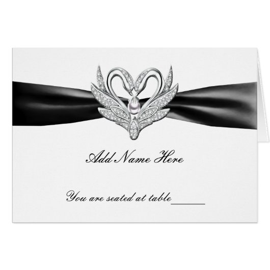 Black Ribbon Silver Swans Folted Table Place Card (Voorkant Horizontaal)