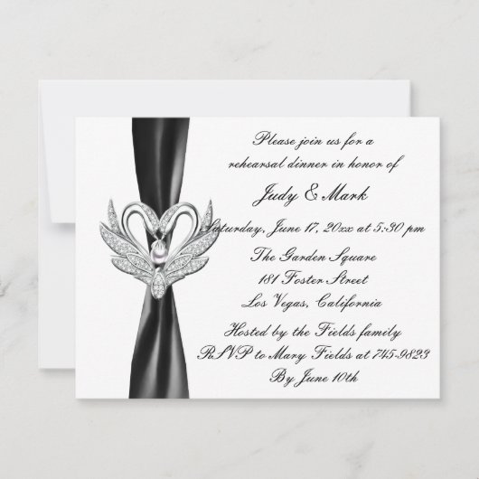 Black Ribbon Silver Swans Rehearsal Dinner Invite Kaart (Voorkant)