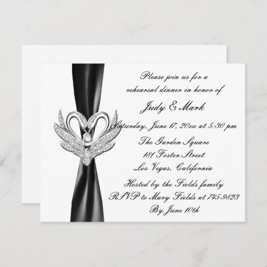 Black Ribbon Silver Swans Rehearsal Dinner Invite Kaart (Voorkant / Achterkant)