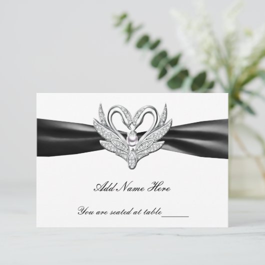 Black Ribbon Silver Swans Table Place Card Kaart (Staand voorkant)