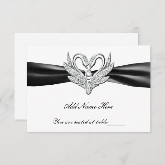 Black Ribbon Silver Swans Table Place Card Kaart (Voorkant / Achterkant)