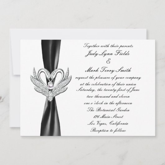 Black Ribbon Zilveren Zwanen Uitnodiging (Voorkant)