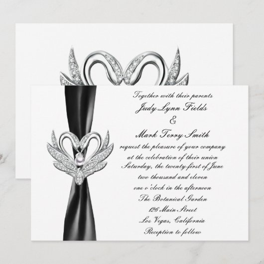Black Ribbon Zilveren Zwanen Uitnodiging (Voorkant / Achterkant)
