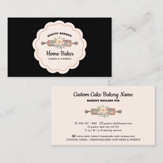 Black Rolling Pin Rustic Bakery Visitekaartje (Voorkant / Achterkant)