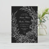 Black Romantic Flower White Wreath White Wedding Kaart (Staand voorkant)