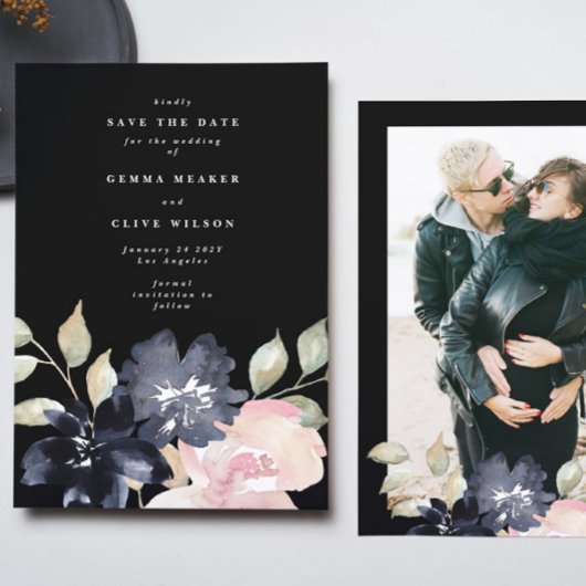 Black Romantic Waterverf Florals Weddenschap Foto Save The Date