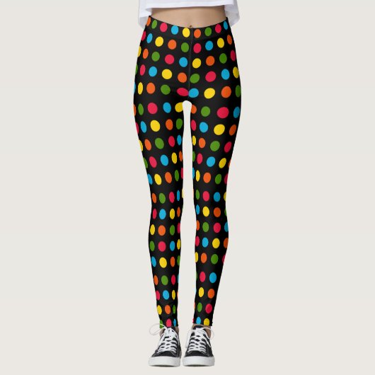Black | Rood Blauw Groen Geel Sinaasappel Polka Do Leggings (Voorkant)