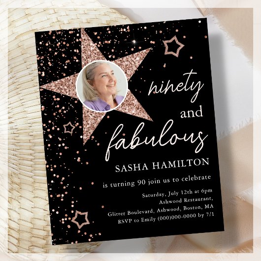 Black & Roos Gold 90e Verjaardag Budget Invitation