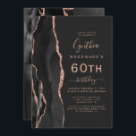 Black Roos Gold Agate Dark 60th Birthday Party Kaart<br><div class="desc">De linkerrand van deze elegante, moderne verjaardagsfeestelijke uitnodiging is voorzien van een zwarte waterverf aan de rand van de afgrond die is afgesneden met een faux roos goudglitter. De aanpasbare tekst combineert roos roze handschrift, copperplate en cursieve doopvonten op een leisteenzwarte achtergrond. De achterzijde is voorzien van een bijbehorend ontwerp...</div>