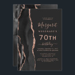 Black Roos Gold Agate Dark 70th Birthday Party Kaart<br><div class="desc">De linkerrand van deze elegante, moderne verjaardagsfeestelijke uitnodiging is voorzien van een zwarte waterverf aan de rand van de afgrond die is afgesneden met een faux roos goudglitter. De aanpasbare tekst combineert roos roze handschrift, copperplate en cursieve doopvonten op een leisteenzwarte achtergrond. De achterzijde is voorzien van een bijbehorend ontwerp...</div>