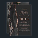 Black Roos Gold Agate Dark 80th Birthday Party Kaart<br><div class="desc">De linkerrand van deze elegante, moderne verjaardagsfeestelijke uitnodiging is voorzien van een zwarte waterverf aan de rand van de afgrond die is afgesneden met een faux roos goudglitter. De aanpasbare tekst combineert roos roze handschrift, copperplate en cursieve doopvonten op een leisteenzwarte achtergrond. De achterzijde is voorzien van een bijbehorend ontwerp...</div>
