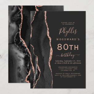 Black Roos Gold Agate Dark 80th Birthday Party Kaart