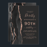 Black Roos Gold Agate Dark 90th Birthday Party Kaart<br><div class="desc">De linkerrand van deze elegante, moderne verjaardagsfeestelijke uitnodiging is voorzien van een zwarte waterverf aan de rand van de afgrond die is afgesneden met een faux roos goudglitter. De aanpasbare tekst combineert roos roze handschrift, copperplate en cursieve doopvonten op een leisteenzwarte achtergrond. De achterzijde is voorzien van een bijbehorend ontwerp...</div>