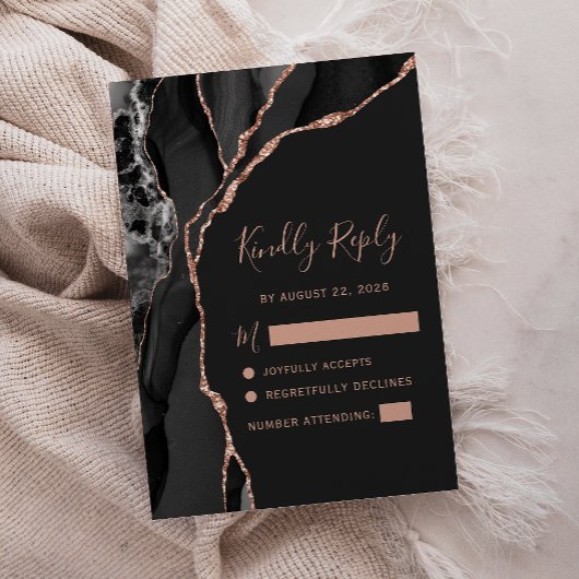 Black Roos Gold Agate Dark Wedding RSVP Kaartje