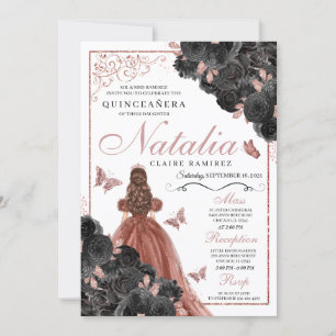Black Roos Gold Butterfly Princess Quinceañera Kaart