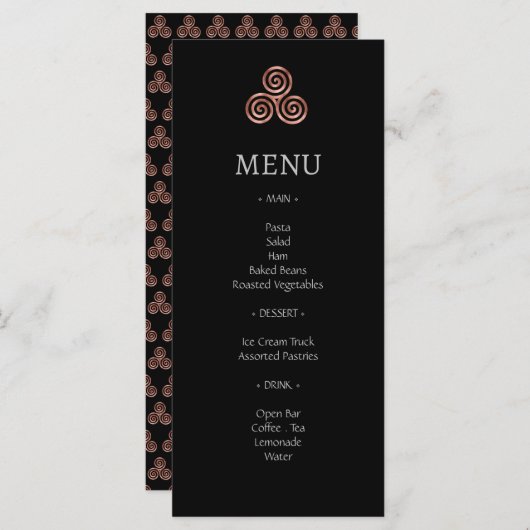 Black Roos Gold Celtic Knot Wedding Menu Cards (Voorkant / Achterkant)