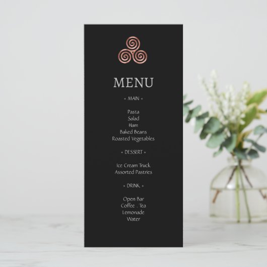Black Roos Gold Celtic Knot Wedding Menu Cards (Staand voorkant)