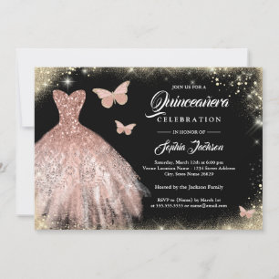 Black Roos Gold Dress Butterfly Quinceanera Kaart