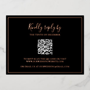 Black Roos Gold Foil QR Code Wedding RSVP Kaart