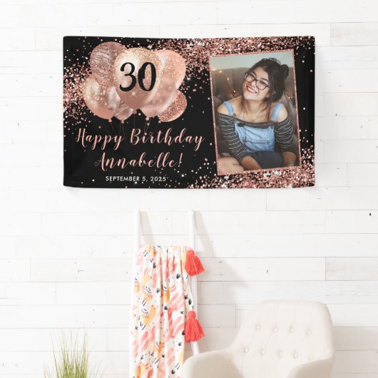 Black Roos Gold Glitter Ballon Foto Birthday Spandoek (Insitu)