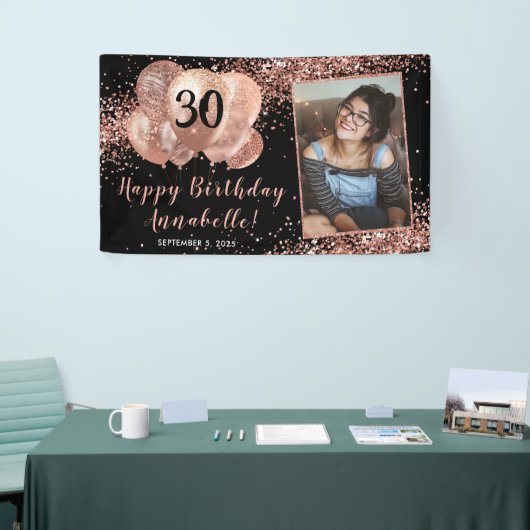 Black Roos Gold Glitter Ballon Foto Birthday Spandoek (Beurs)